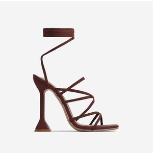 STRAPPY LACE UP SQUARE TOE SCULPTURED HEEL IN DARK BROWN FAUX SUEDE